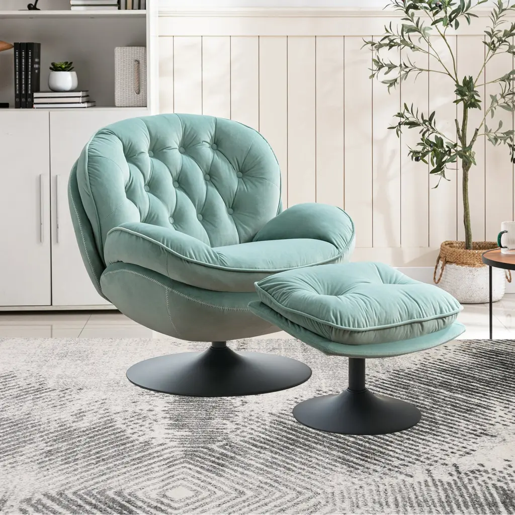 Velvet Teal Swivel Leisure Chair Lounge Chair Ottoman Modern Furniture levin furniture