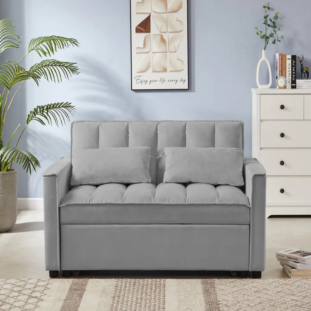 Grey Velvet Loveseat Sofa Bed Grey Wood Tufted Back Square Arms cy furniture