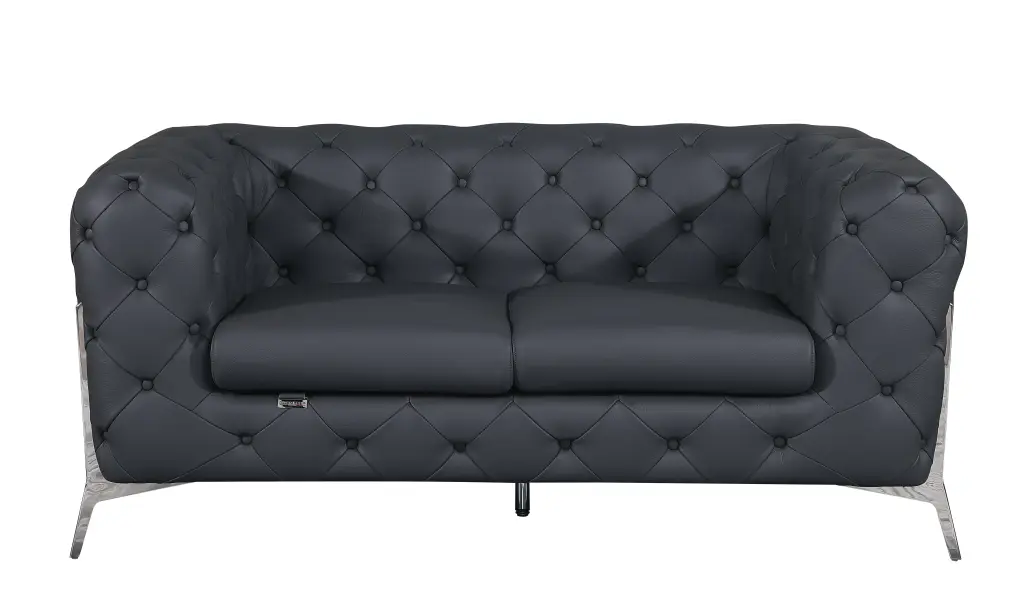 Transitional Top Grain 100% Italian Hide Upholstered Loveseat Gray Modern Living Room global united