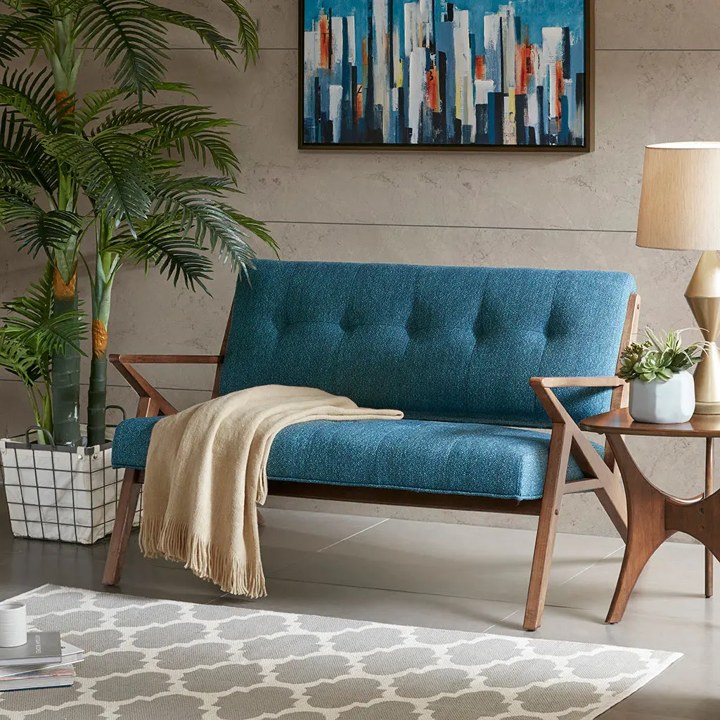 Rocket Loveseat Blue Solid Wood Modern Living Room Sofa Compact Seating jla