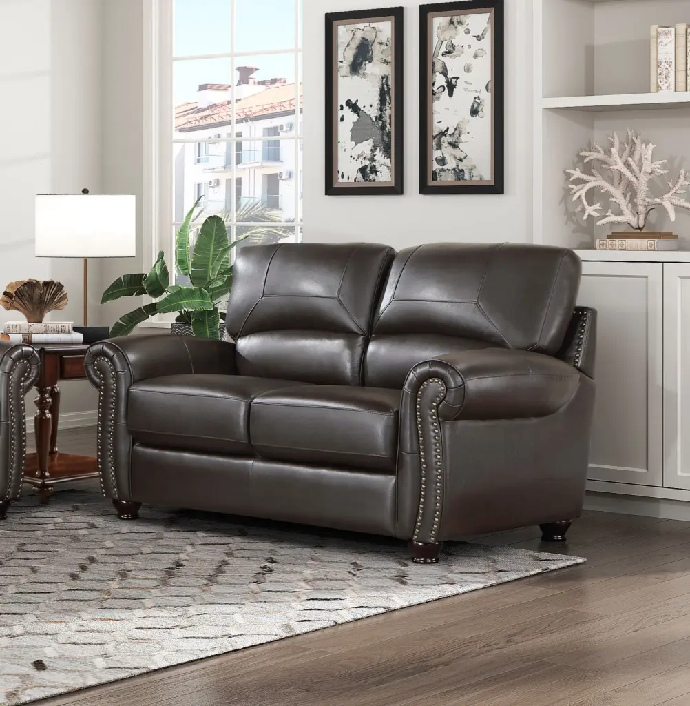 1 Piece Dark Brown Hide Loveseat Rolled Arms Trim Plush Seat kanepe