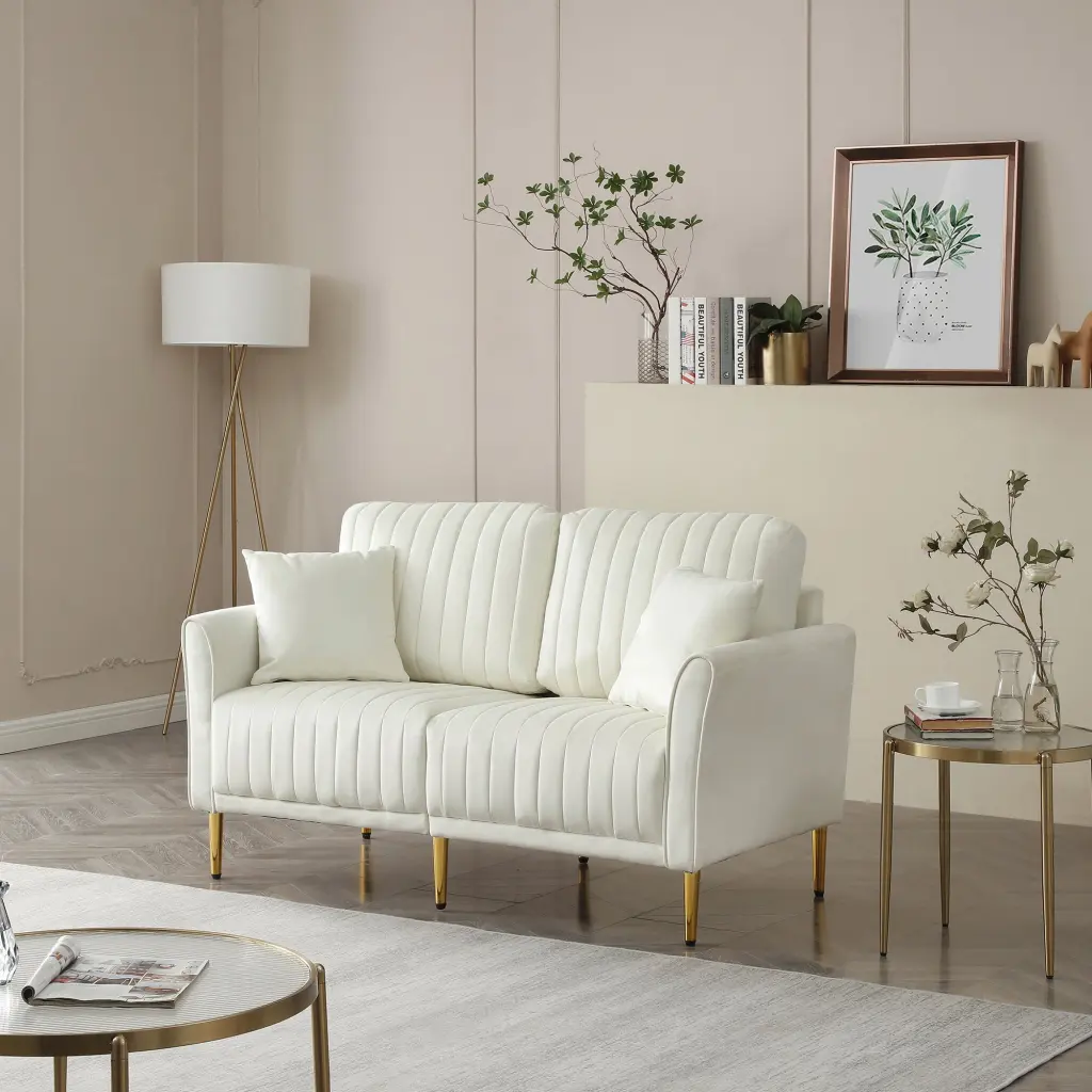 Cream White 2 Seater Loveseat Sofa Couch Pillows And Metallic Legs ui furniture