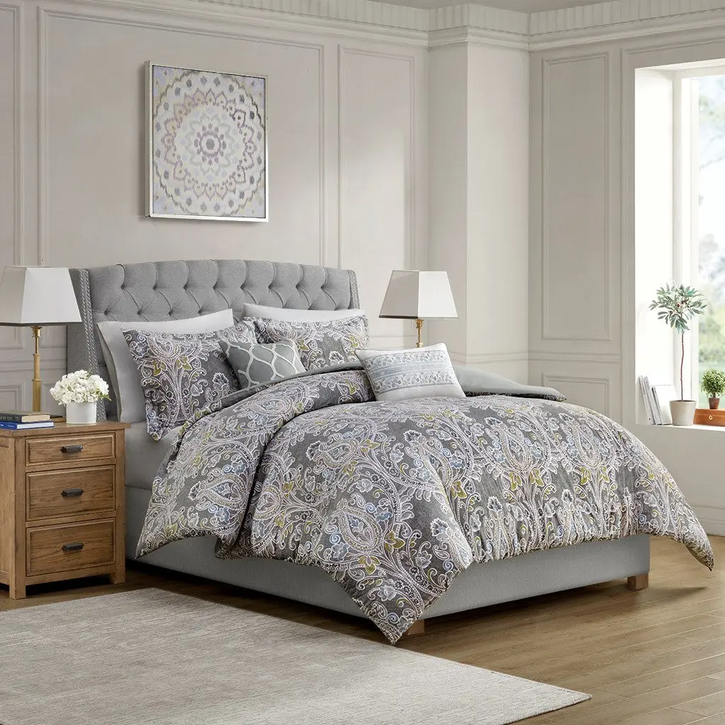 5 Piece Cotton Duvet Cover Set Grey King Size Luxury Bedding jla