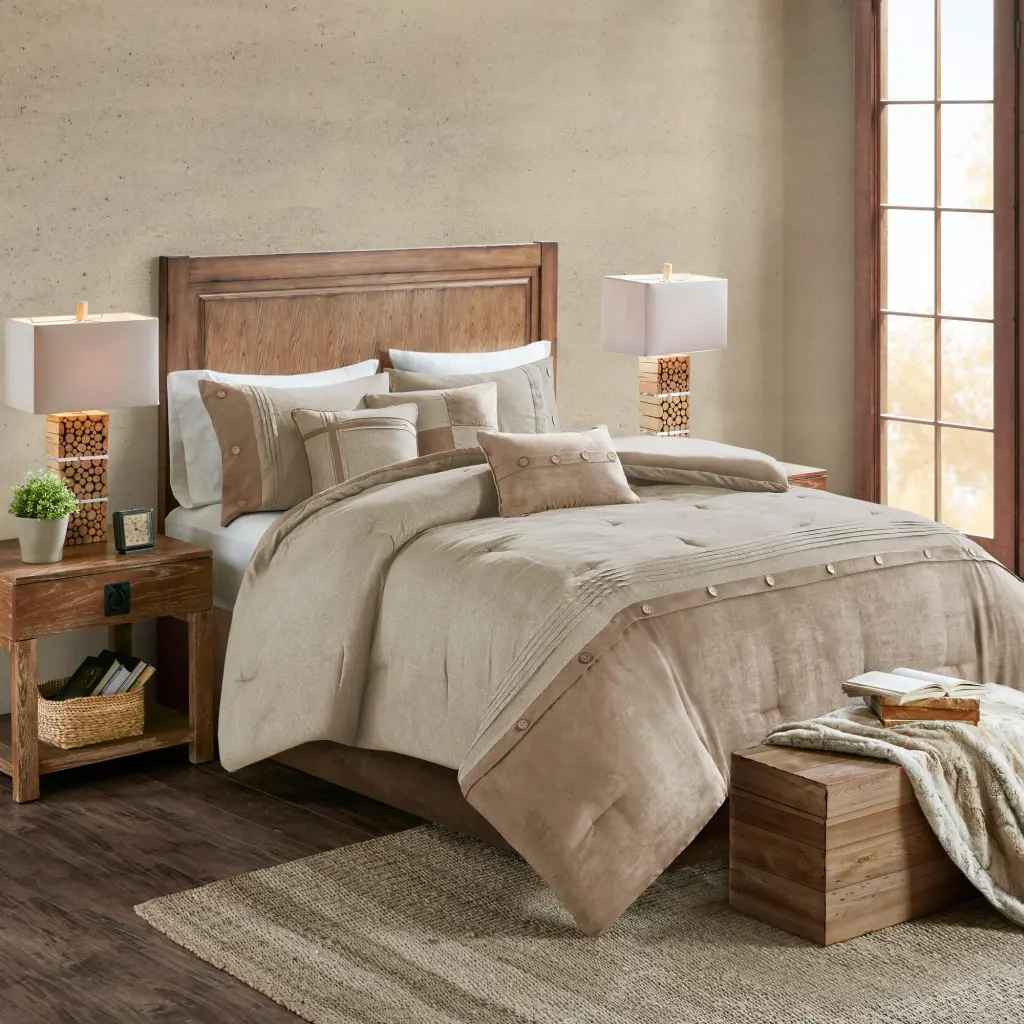 7 Piece Faux Suede Comforter Set Tan California King Polyester Luxury Bedding jla