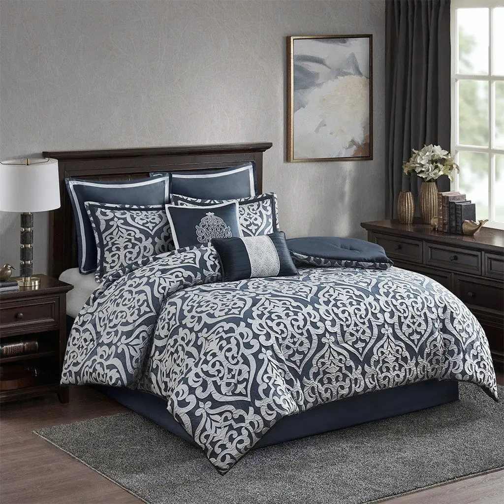 8 Piece Jacquard Comforter Set Navy Shiny Metal Queen Size Luxury Bedding jla