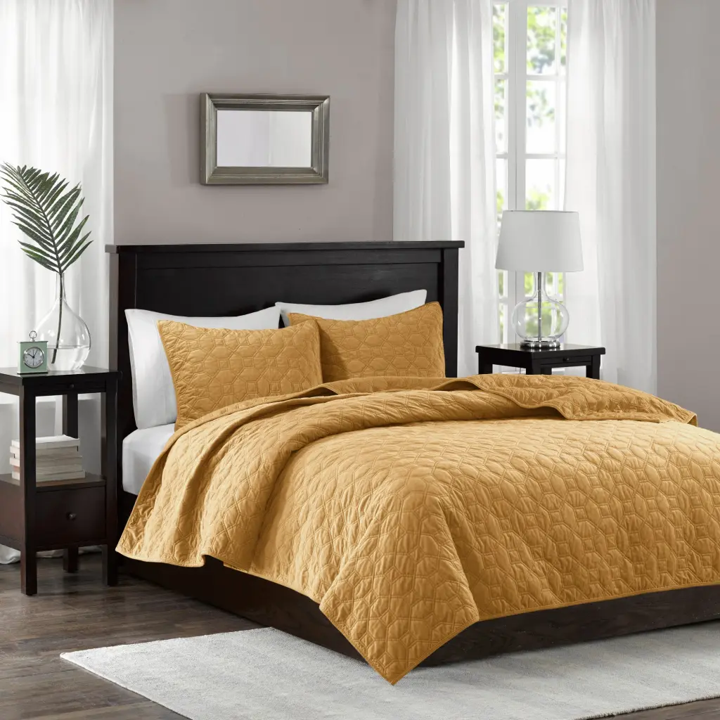 3 Piece Velvet Quilt Set Mustard King Cal King Cotton Luxury Bedding jla
