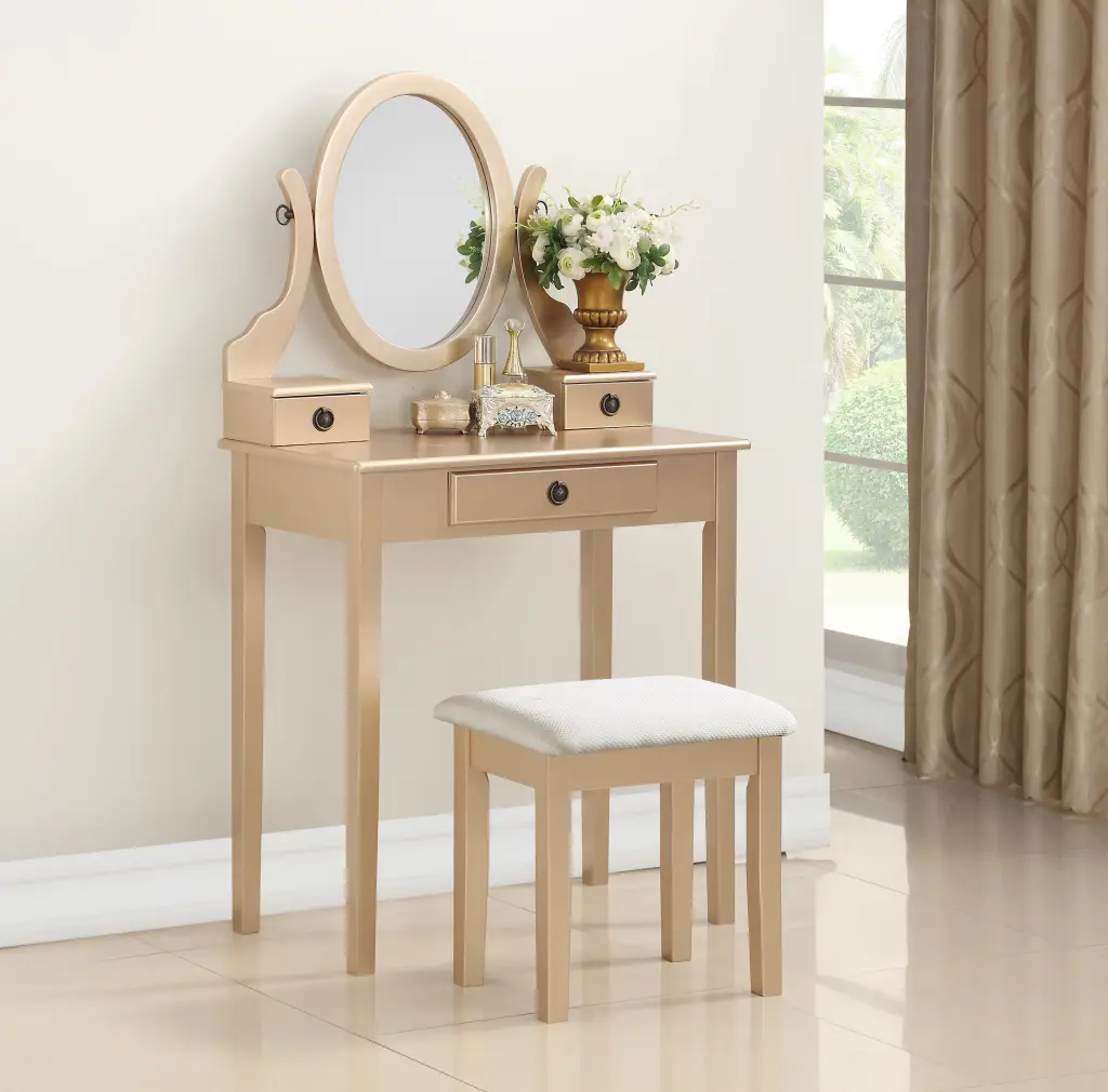 Moniys Timber Makeup Vanity Table and Stool Set Precious Metal Accents and Mirror hz