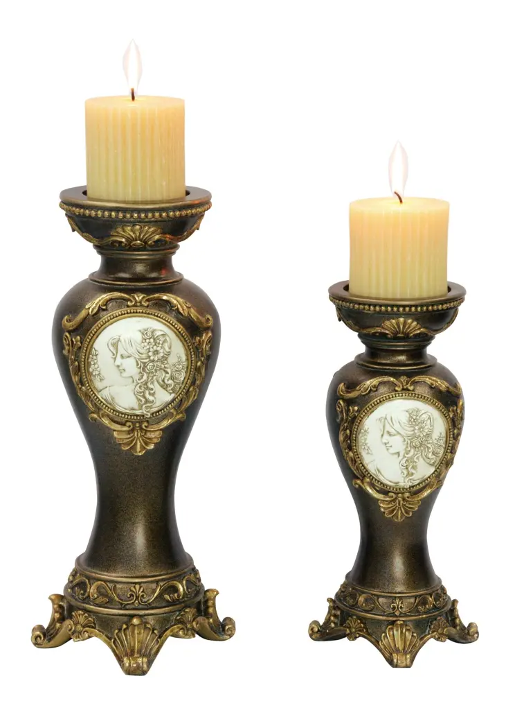 11'' And 14'' Tall Polyresin Candleholder, Metal Alloy Finish Set 2 california home