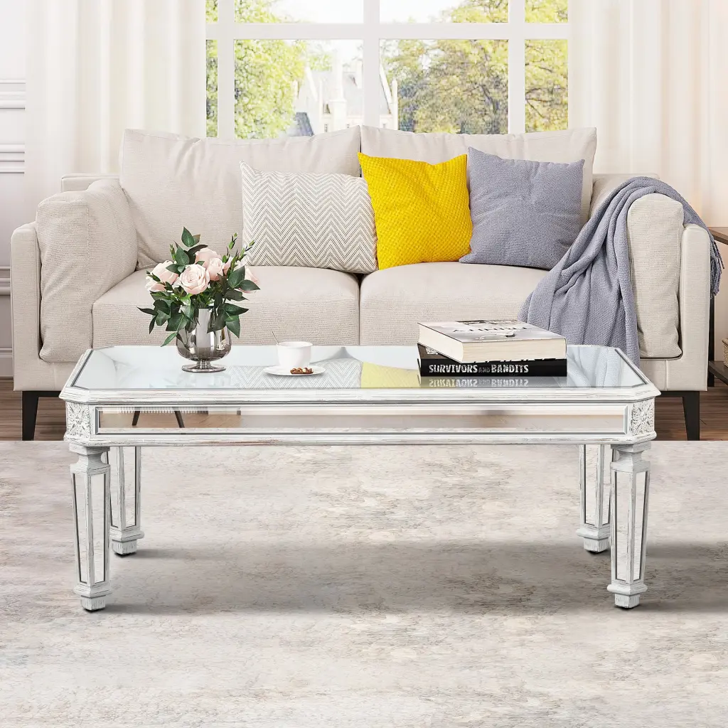 Shiny Metal Mirrored Coffee Table Vintage Carved Elements Rectangle Crystal zrun furniture