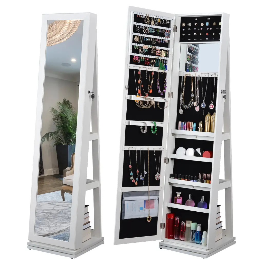 Full Length Mirror 360 Swivel Accessory Cabinet White MDF haitian
