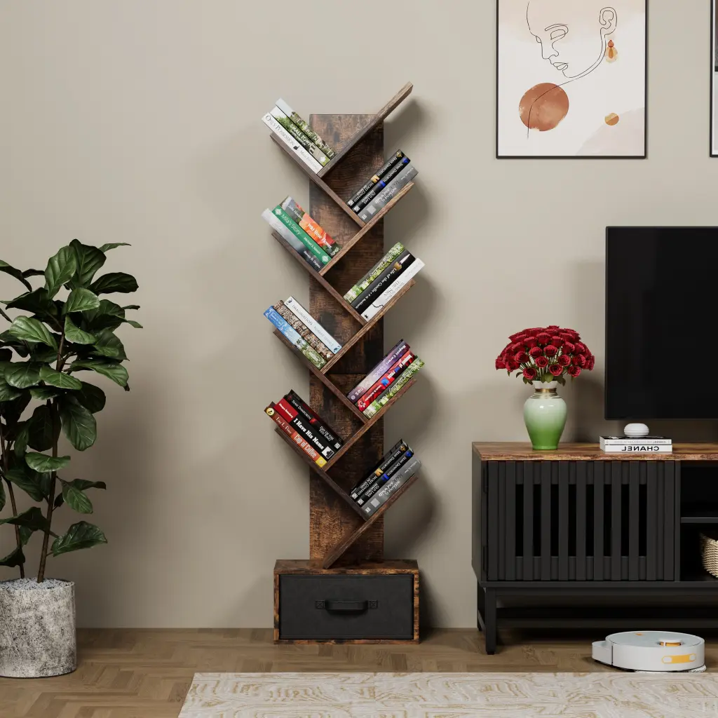 9 Tier Tree Publication Shelf Drawer Bookcase Modern Book Storage hs furniture