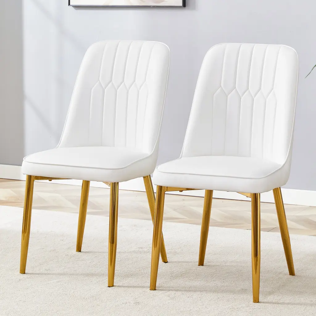 2 Modern Dining Chairs Polished PU Leather Backrest and Gold Metal Legs droom w-1151
