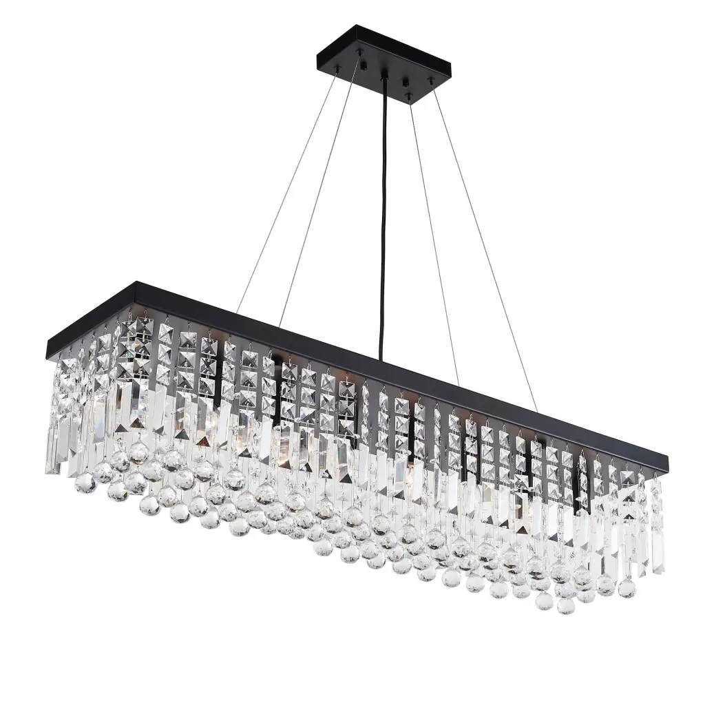 Modern Rectangle K9 Crystal Chandelier Matte Black Iron E12 Bulb 8 Light Dining Room Pendant Light jfi