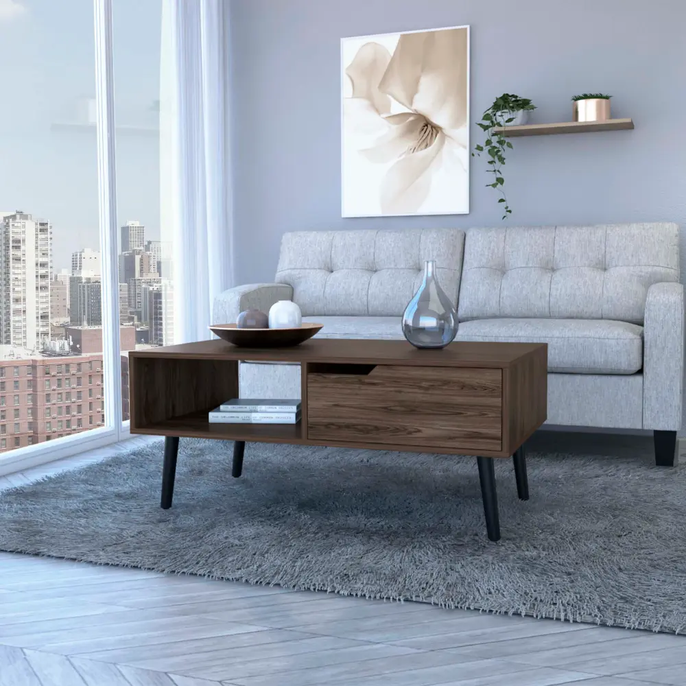 Coffee Table One Open Shelf and One Drawer Dark Walnut Brown Particle Board depot e-shop