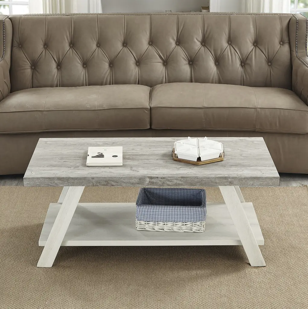 Athens Contemporary Two Tone Timber Shelf Coffee Table Weathered Gray Modern Design hz