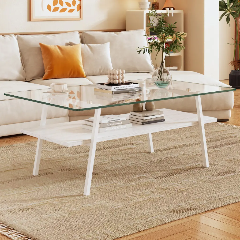 Rectangle Coffee Table Tempered Glass Top White Metal Legs jws-w241