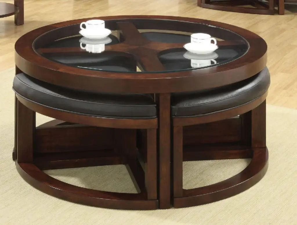 Dark Walnut Coffee Table Crystal Insert Top - Ottoman Included Table Set kanepe