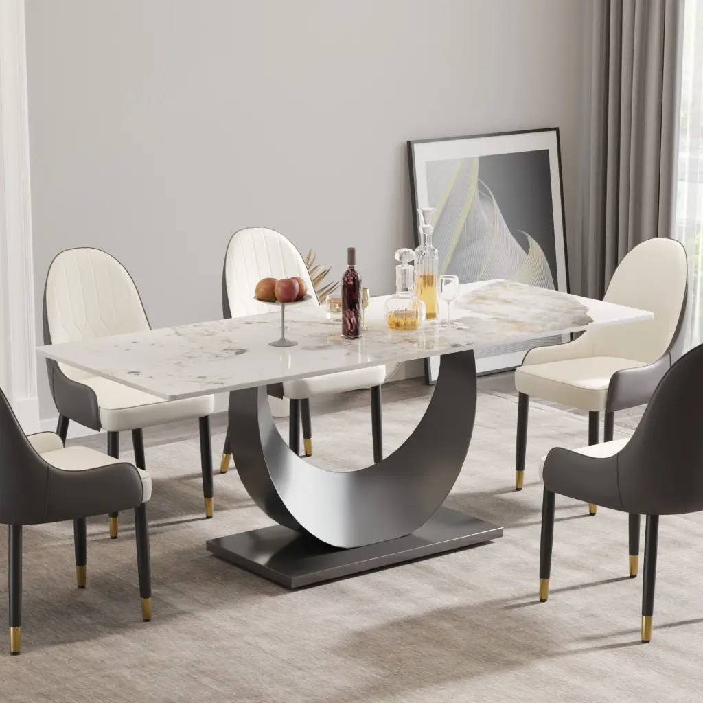 78.74 Inches Modern Artificial Marble Pandora White Crescent Shaped Black Metal Base Console Table atunus