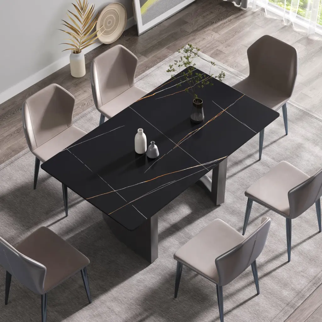 63 Modern Artificial Marble Black Straight Edge Black Metallic Leg Dining Table atunus
