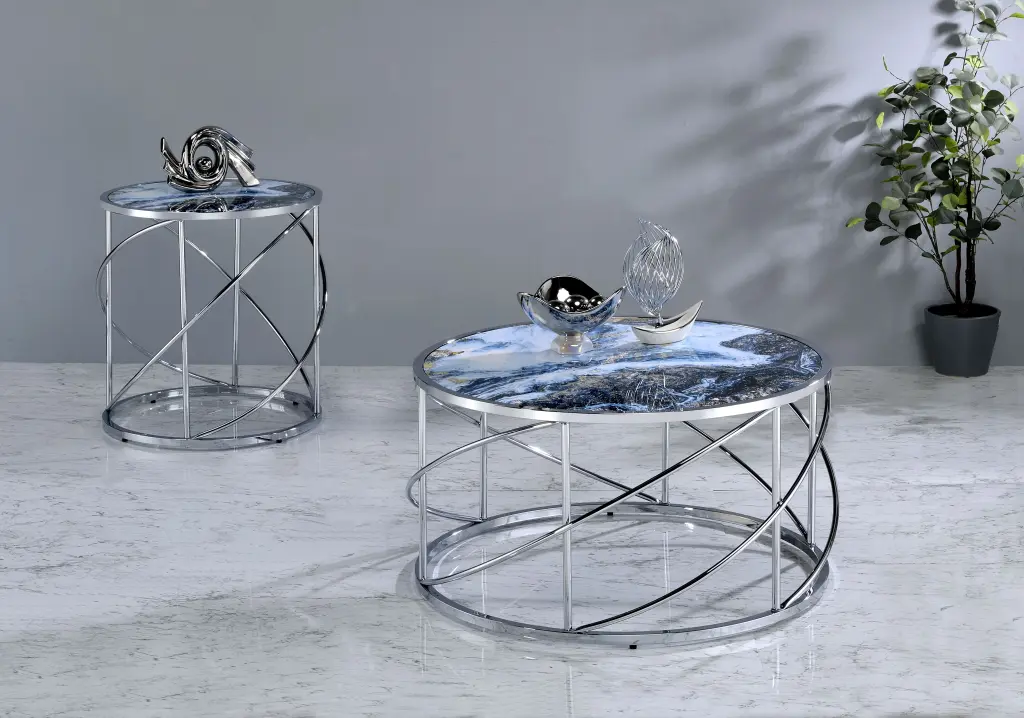 Lyda End Table Blue Stone Print Chrome Finish Modern Side Table acme onsite store