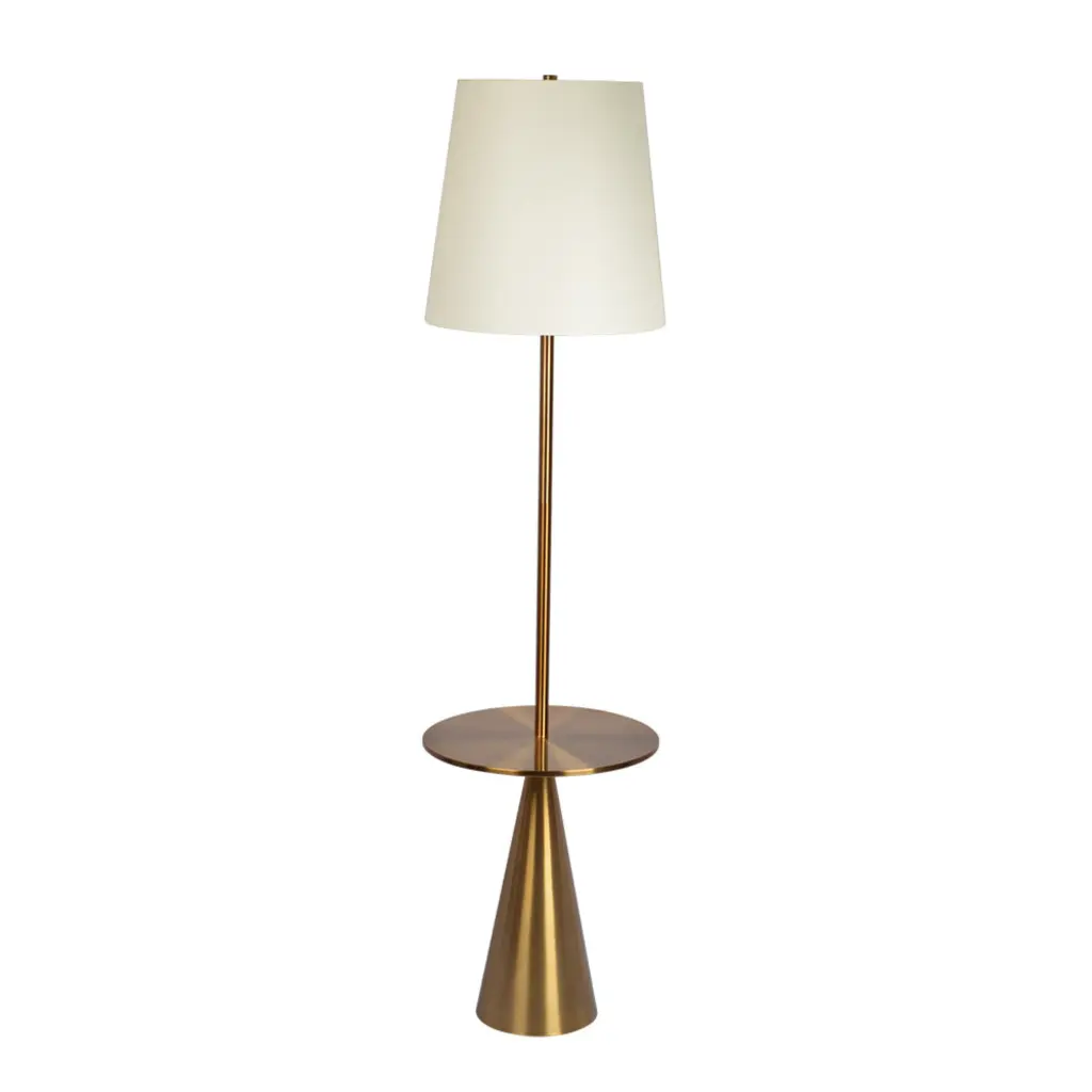 Celestial Modern Floor Lamp Brass Accent Table and Large White Shade ashcroft furniture