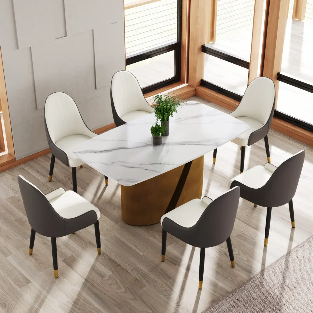 63 Inch Modern Artificial Marble Curved White Panel Table Metal Alloy Legs atunus