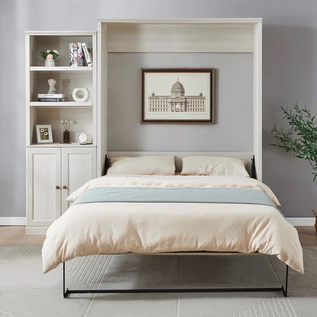 Queen Size Murphy Bed Self Close Mechanism and Side Cabinet Storage bed best