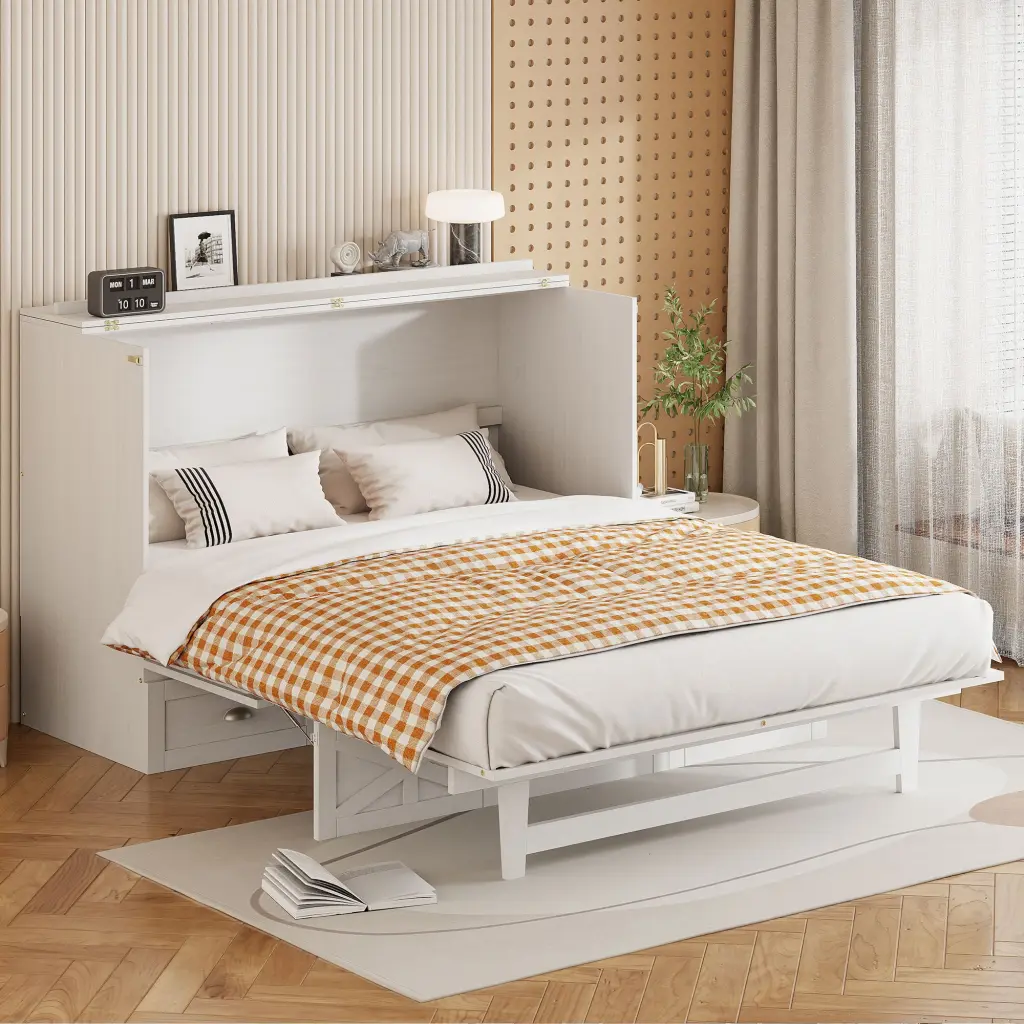 Full Dimensions Murphy Bed Large Drawers, Brushed White Full White Plywood lucky furniture