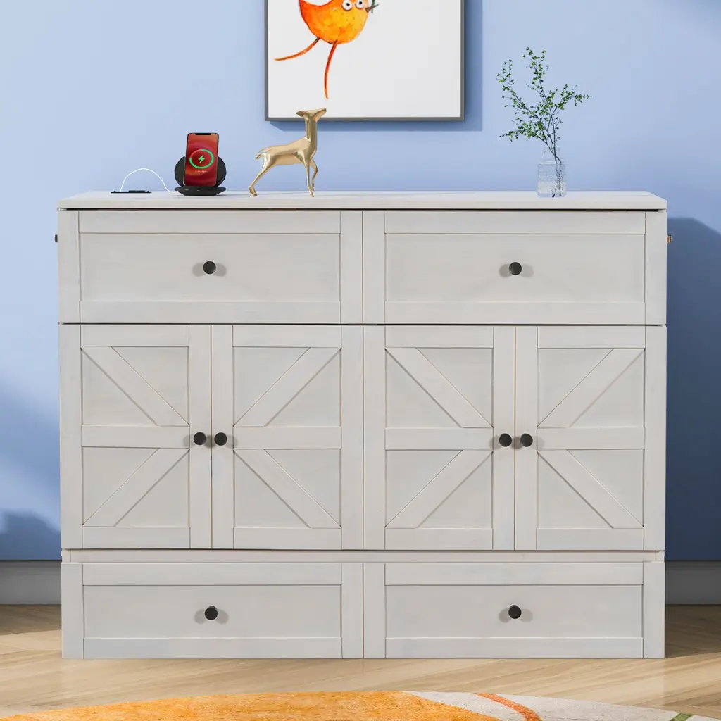 Full Dimensions Murphy Bed Large Drawers and USB Ports Brushed White lucky furniture