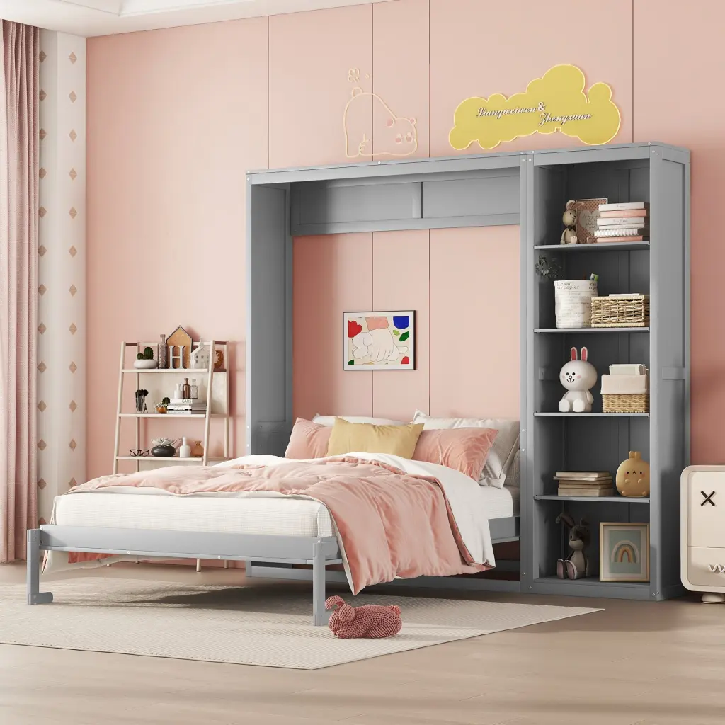 Full Dimensions Murphy Bed Wall Bed Shelves Gray Finish lucky furniture