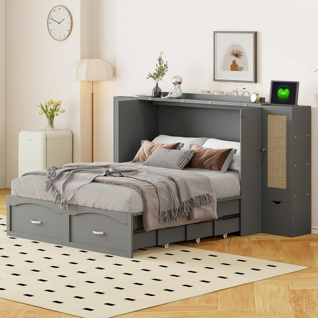 Full Dimensions Murphy Bed Wall Bed Drawer and Rattan Decoration lucky furniture