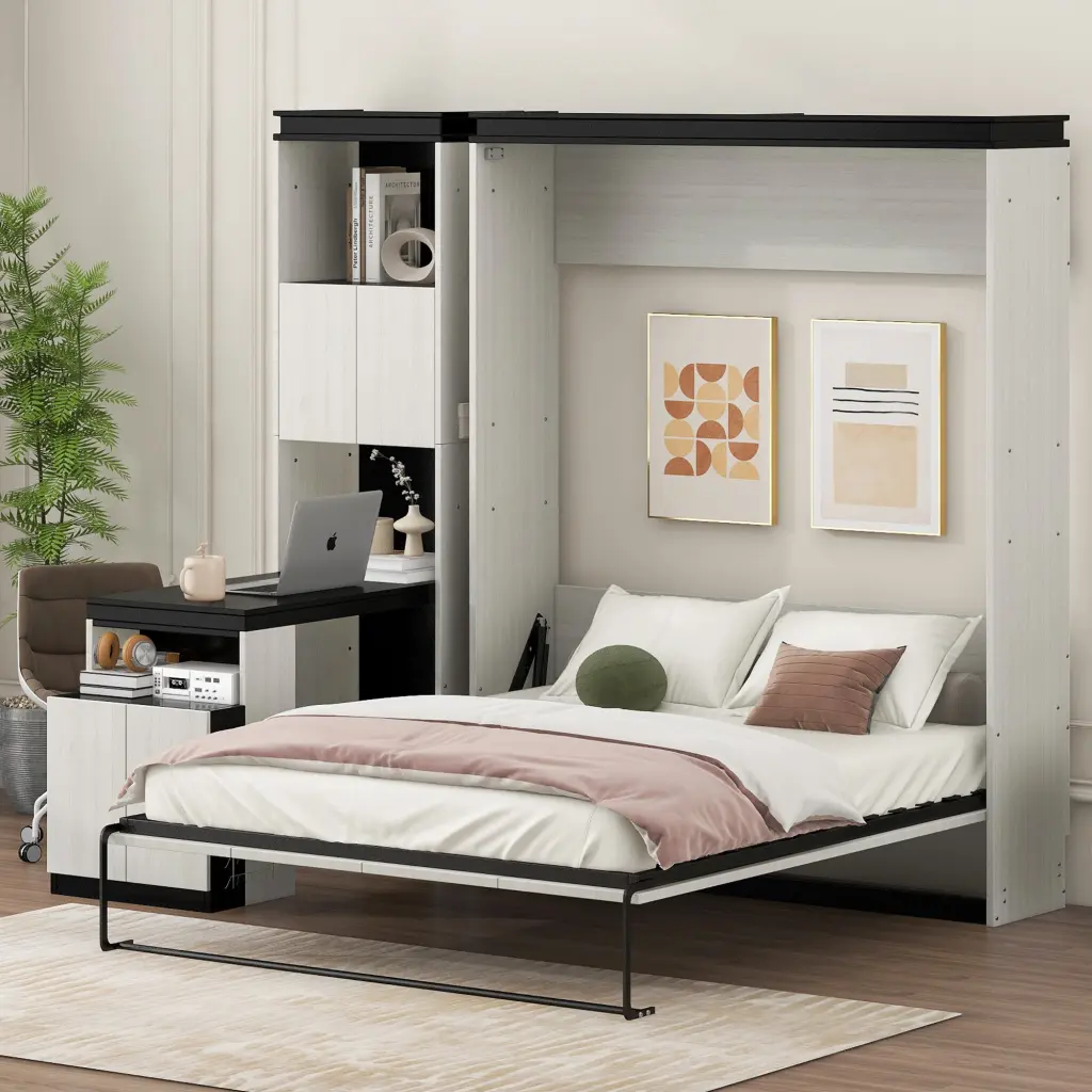 Full Dimensions Murphy Bed Desk And Storage Shelves And Cabinets Black Space Saving Furniture wm store