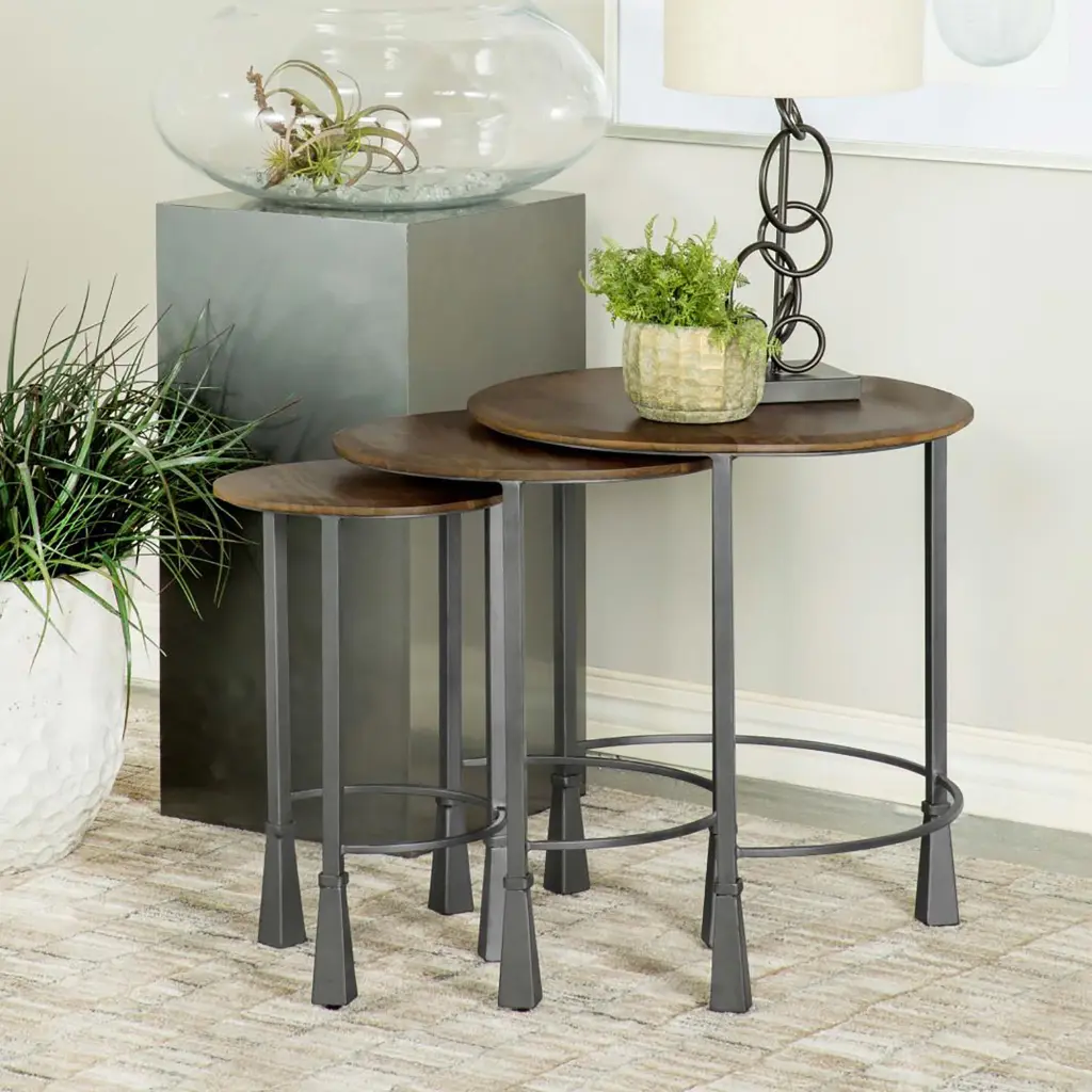 Natural And Gunmetal 3 Piece Nesting Table Set Primary Living Space furniture max
