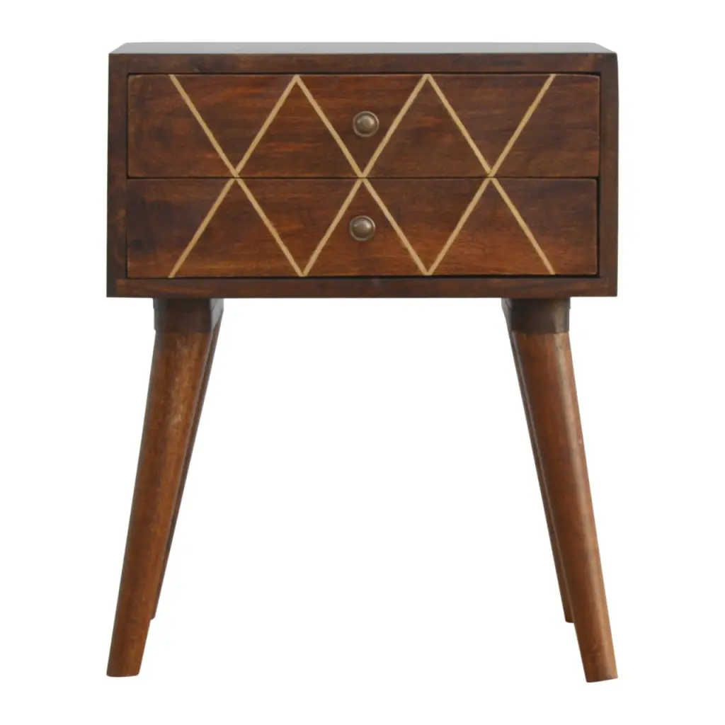 Geo Brass Inlay Bedside Table Chestnut Wood and Metal Finish artisan furniture