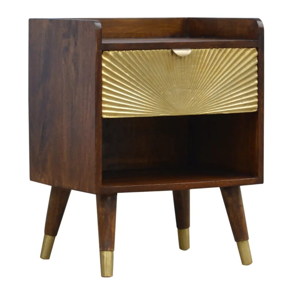 Manila Gold One Drawer Bedside Table Chestnut Wood Metal Nightstand artisan furniture