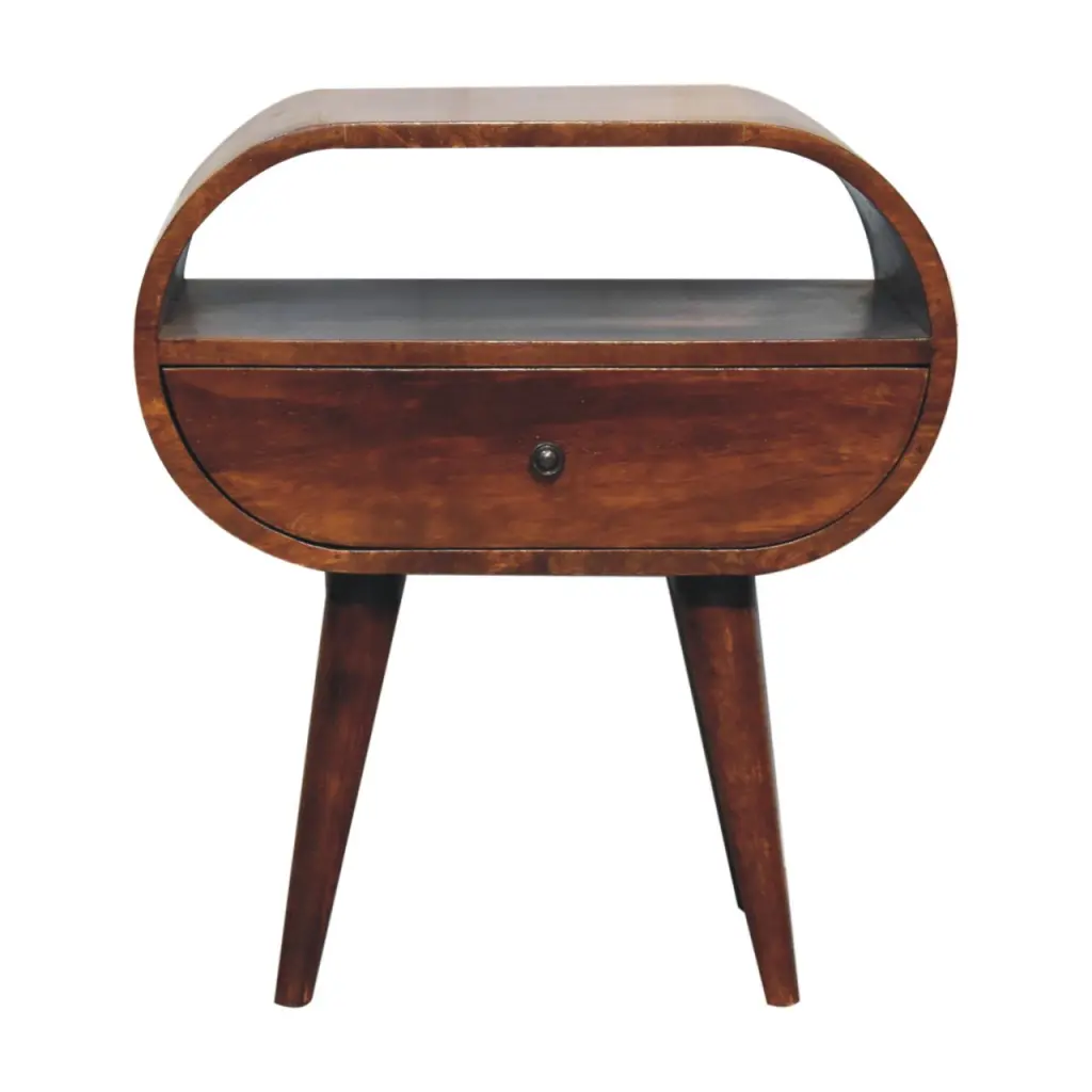 Solid Wood Large Chestnut Circular Open Bedside Table 1 Drawer Brown artisan furniture