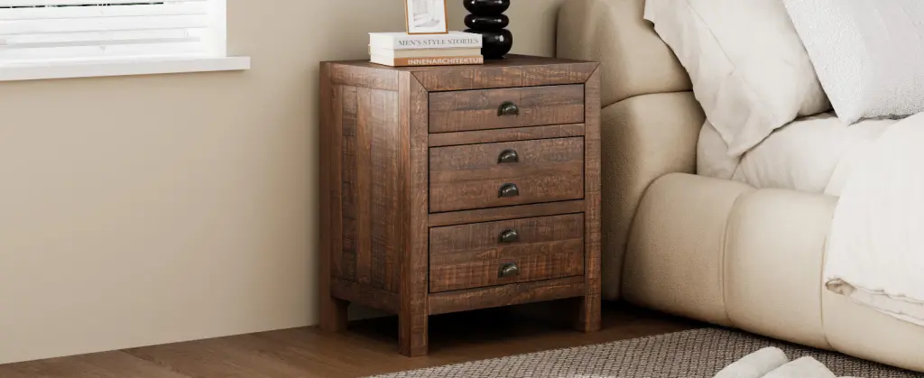 Rustic Farmhouse Style Three Drawer Solid Pine Wood Nightstand Cup Holder bed best