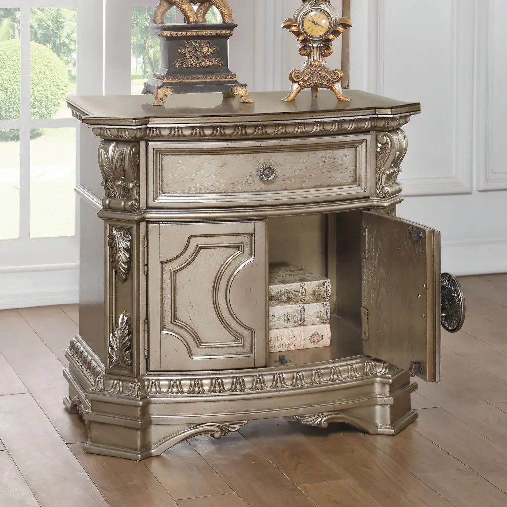 Antique Shiny Metal Nightstand 1 Cabinet and Drawer Bedroom furniture max