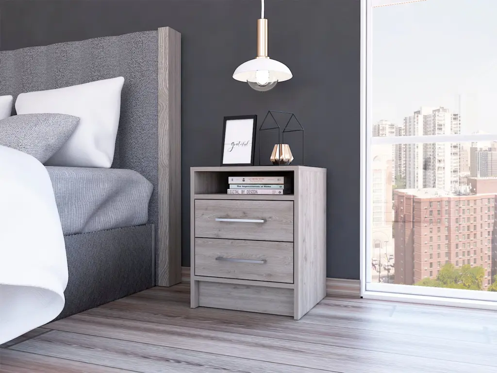 Rowley 2 Drawer 1 Shelf Rectangle Nightstand Light Grey Bedside Table furniture max