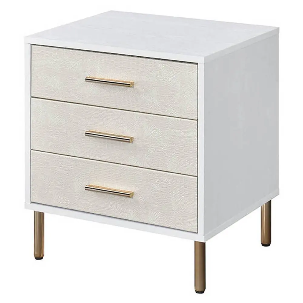 White Champagne Precious Metal 3 Drawer Nightstand Metallic Legs furniture max
