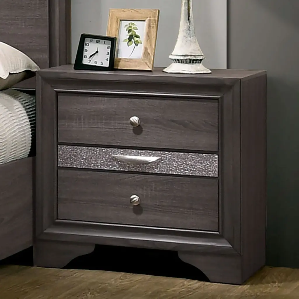 Contemporary 1Pc Nightstand Gray Finish Shiny Metal Accents Hidden Jewelry Drawer kanepe