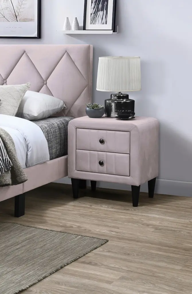Light Pink Velvet Nightstand Bedside Table 2 Drawers kanepe