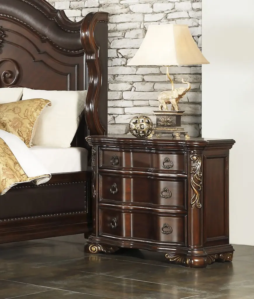 Royal Bedroom Cherry Finish Nightstand 3 Drawers Ring Pulls Traditional kanepe