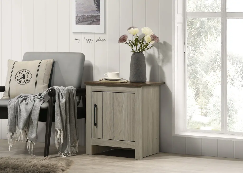 Nyla 16 Inch Gray Oak End Table Cabinet Door Bedroom lilola home