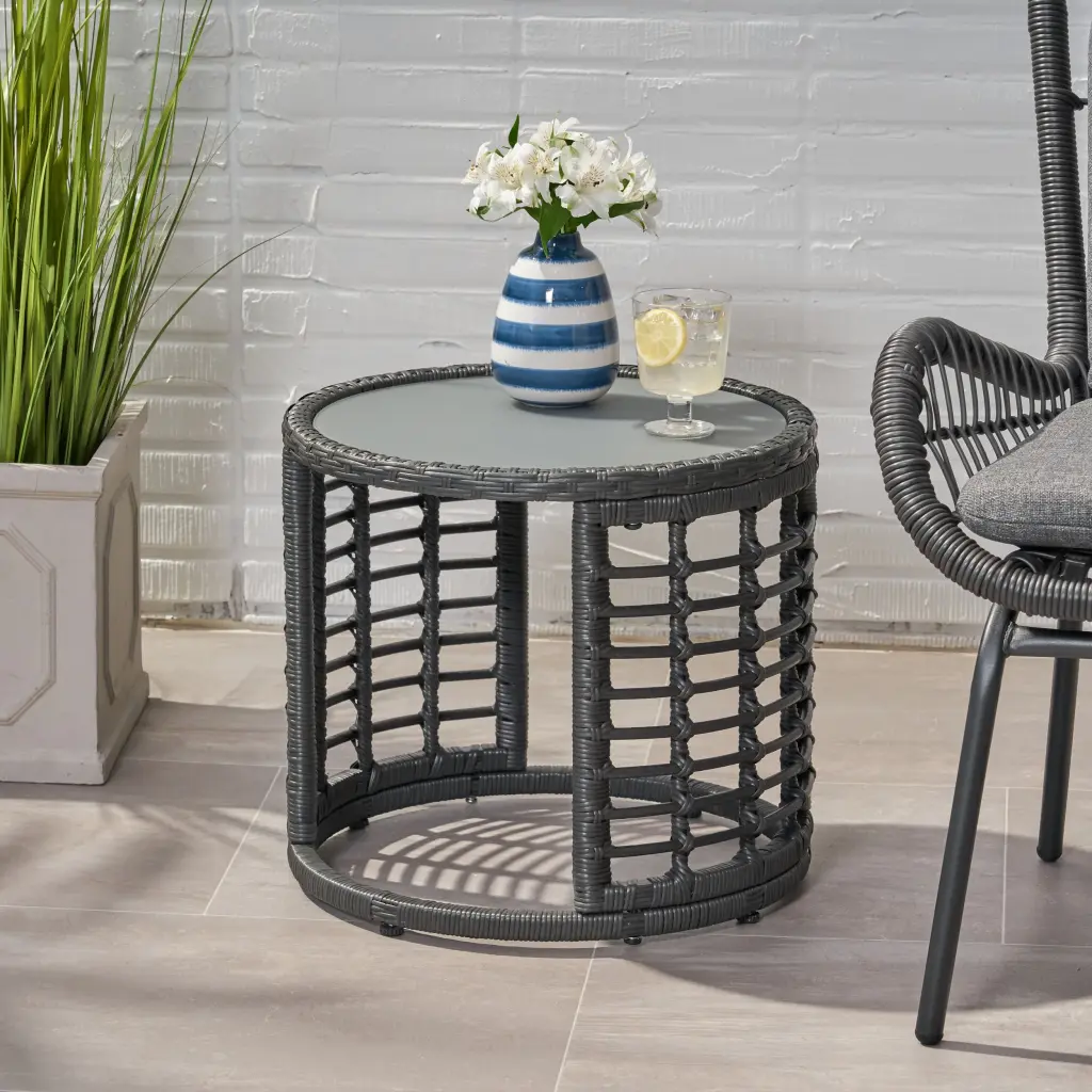 Tatiana Side Table Grey Rattan Nightstand Bedroom Living Room nh-sunfay