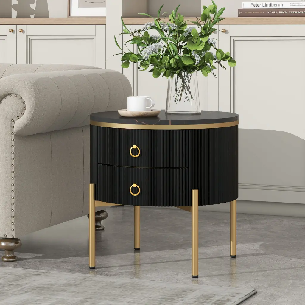 19.6 Inch Round End Table Storage Drawers Fluted Nightstand rnb