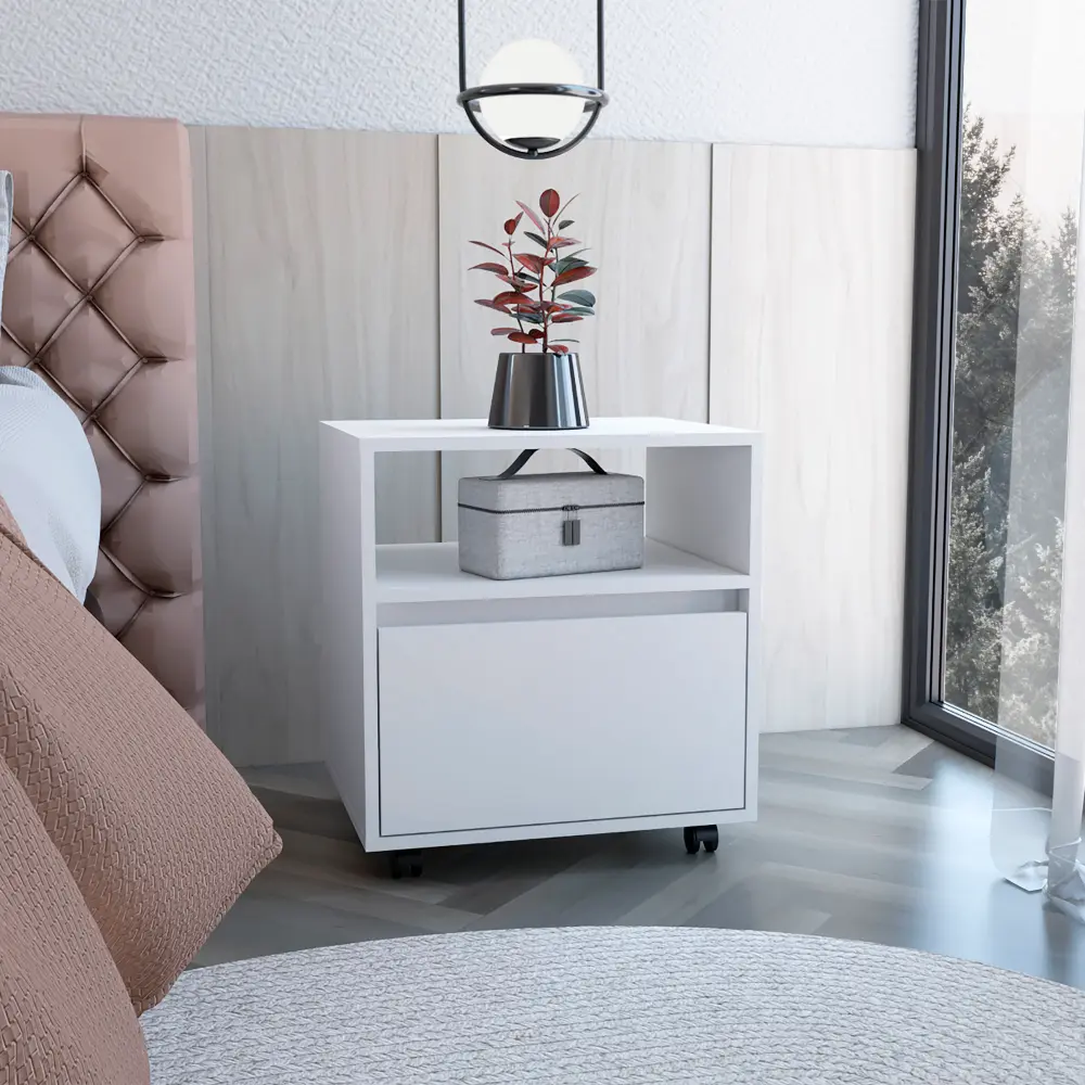Austin Nightstand Single Drawer and Casters White Finish rta muebles colombia