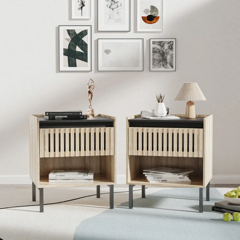 Bedside Table Set 2 Natural Black 1 Drawer Bedside Cabinet Bedroom MDF Nightstand ss wooden