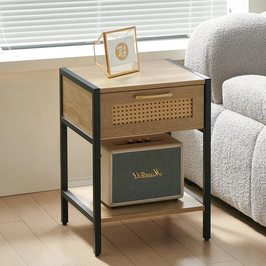15.74 Inch Rattan End Table Drawer Modern Nightstand Metal Legs Side Table sya furniture
