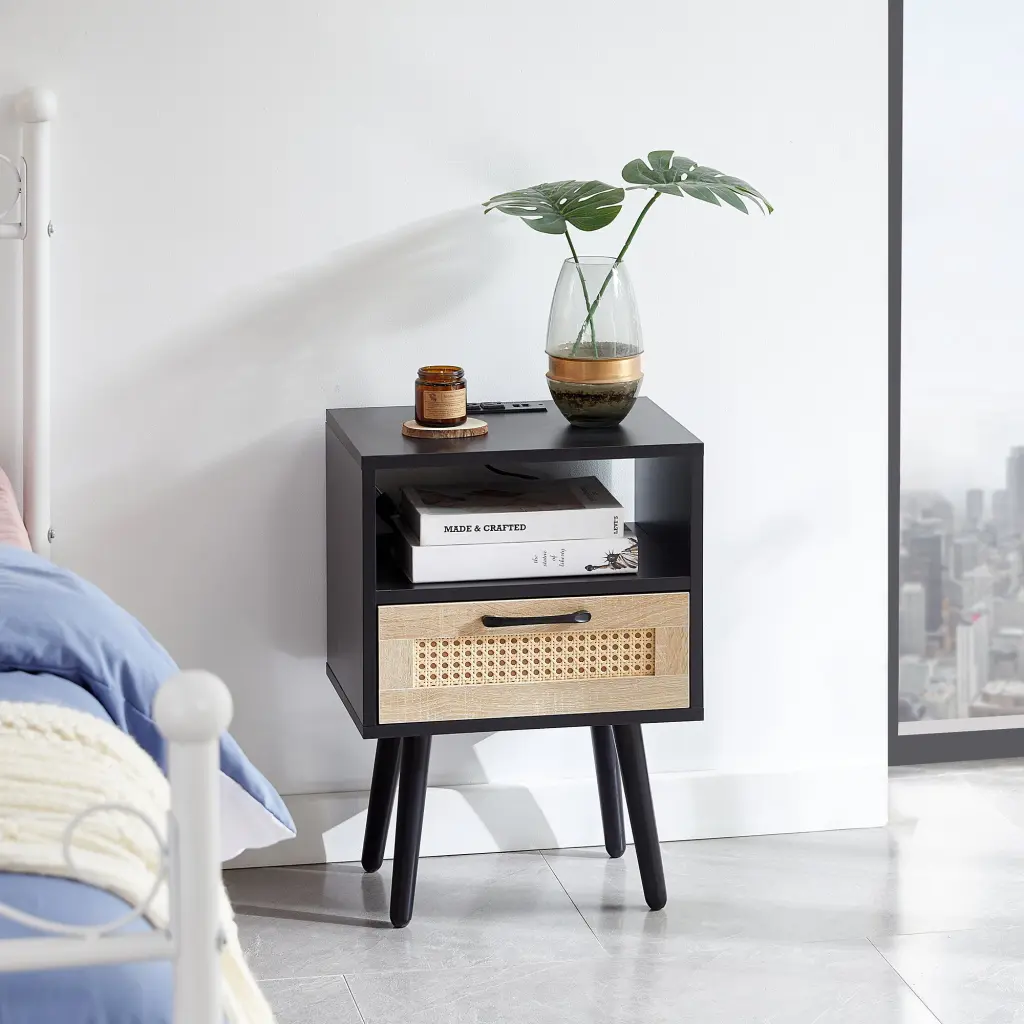 15.75 Inch Rattan End Table Power Outlet USB Ports Modern Nightstand Bedside Table sya furniture